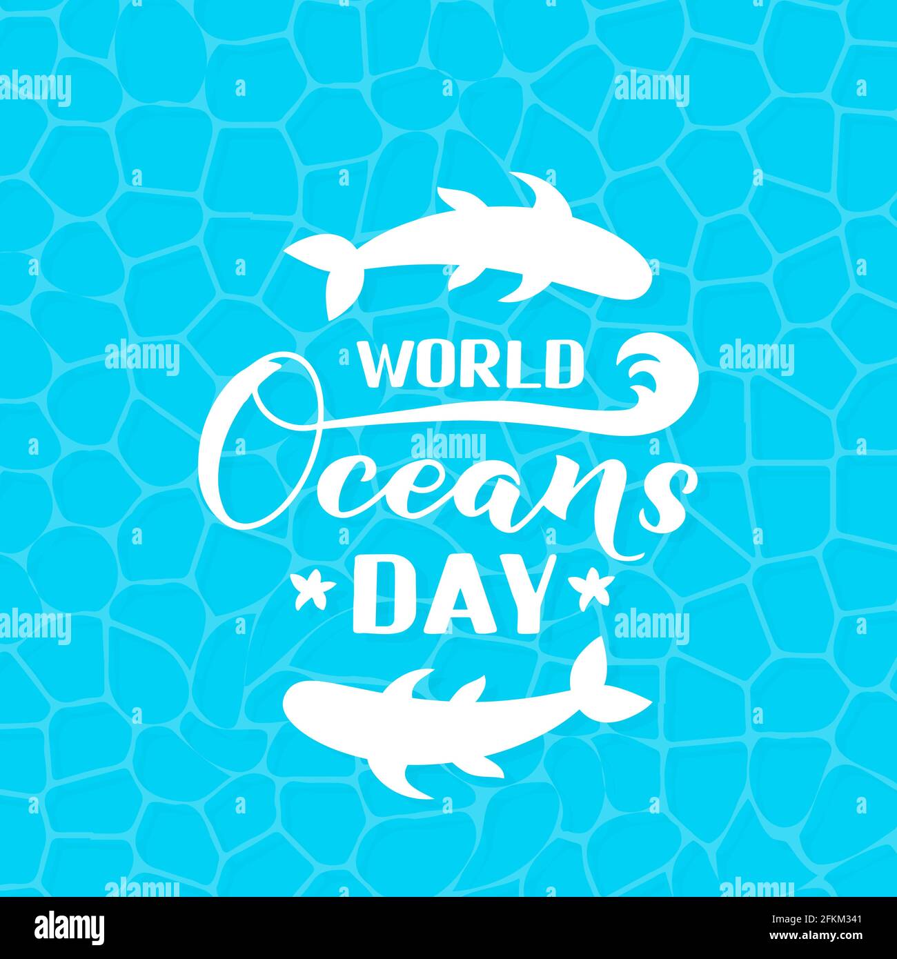 World Oceans Day calligrafia mano scritta su fondo blu di superficie dell'acqua. Concetto di conservazione dell'ambiente. Modello vettoriale per poster tipografico, Illustrazione Vettoriale