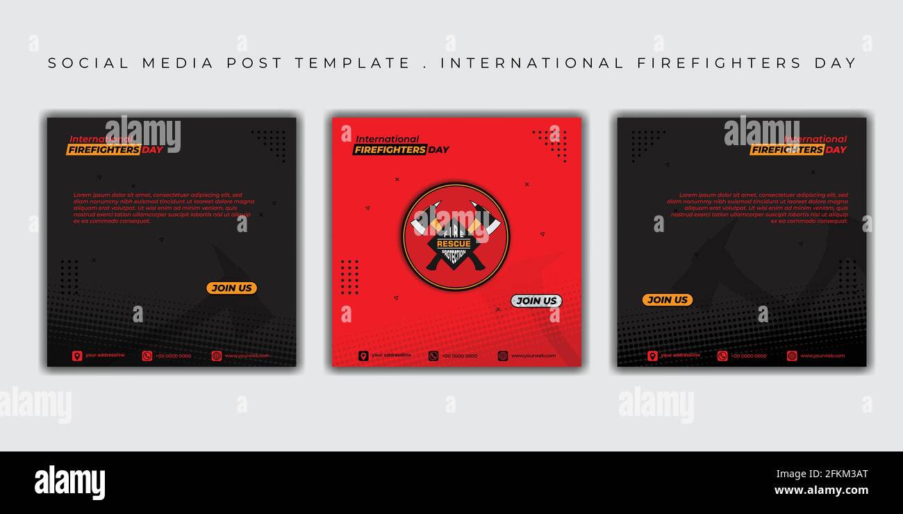 Progettazione internazionale dei pompieri. Set di modelli di post sui social media con design scuro e rosso. Ottimo modello per il design dei pompieri Illustrazione Vettoriale