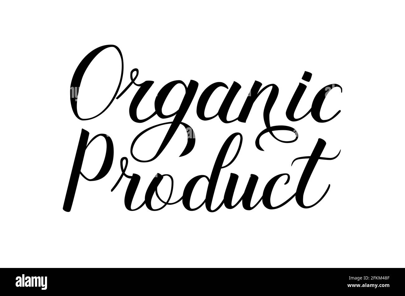 Prodotto organico frase scritta a mano isolata su bianco. Scritta Calligraphy. Concetto di cibo sano. Logo vettoriale per il mercato fresco, restaura Illustrazione Vettoriale