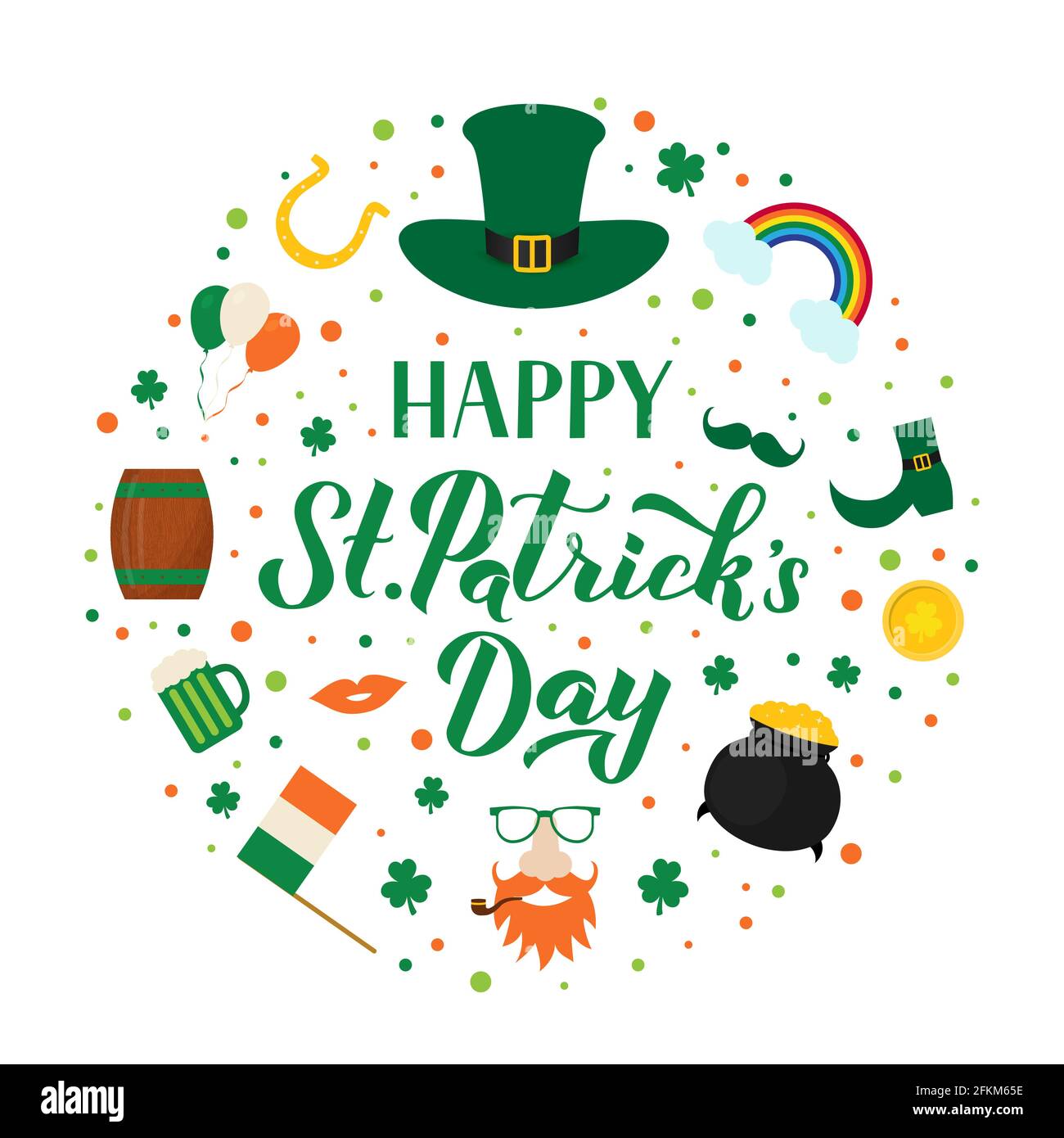 Felice giorno di San Patrizio con i simboli tradizionali irlandesi cappello verde, foglia di shamrock, Leprechaun, pentola di tesoro, monete d'oro, ferro di cavallo, tazza Illustrazione Vettoriale