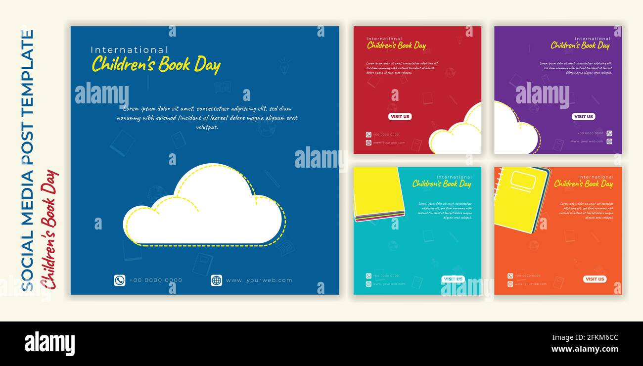 Set di modelli di post sui social media con diverse scelte di colori. Modello di social media con design didattico per il desig internazionale dei giorni dei libri per bambini Illustrazione Vettoriale