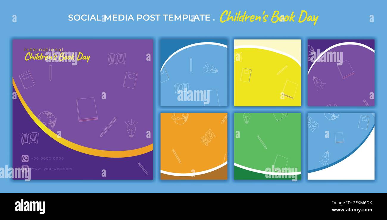 Set di modelli di post sui social media con scelta di più colori. Modello di social media con design didattico per la progettazione internazionale dei giorni dei libri per bambini Illustrazione Vettoriale