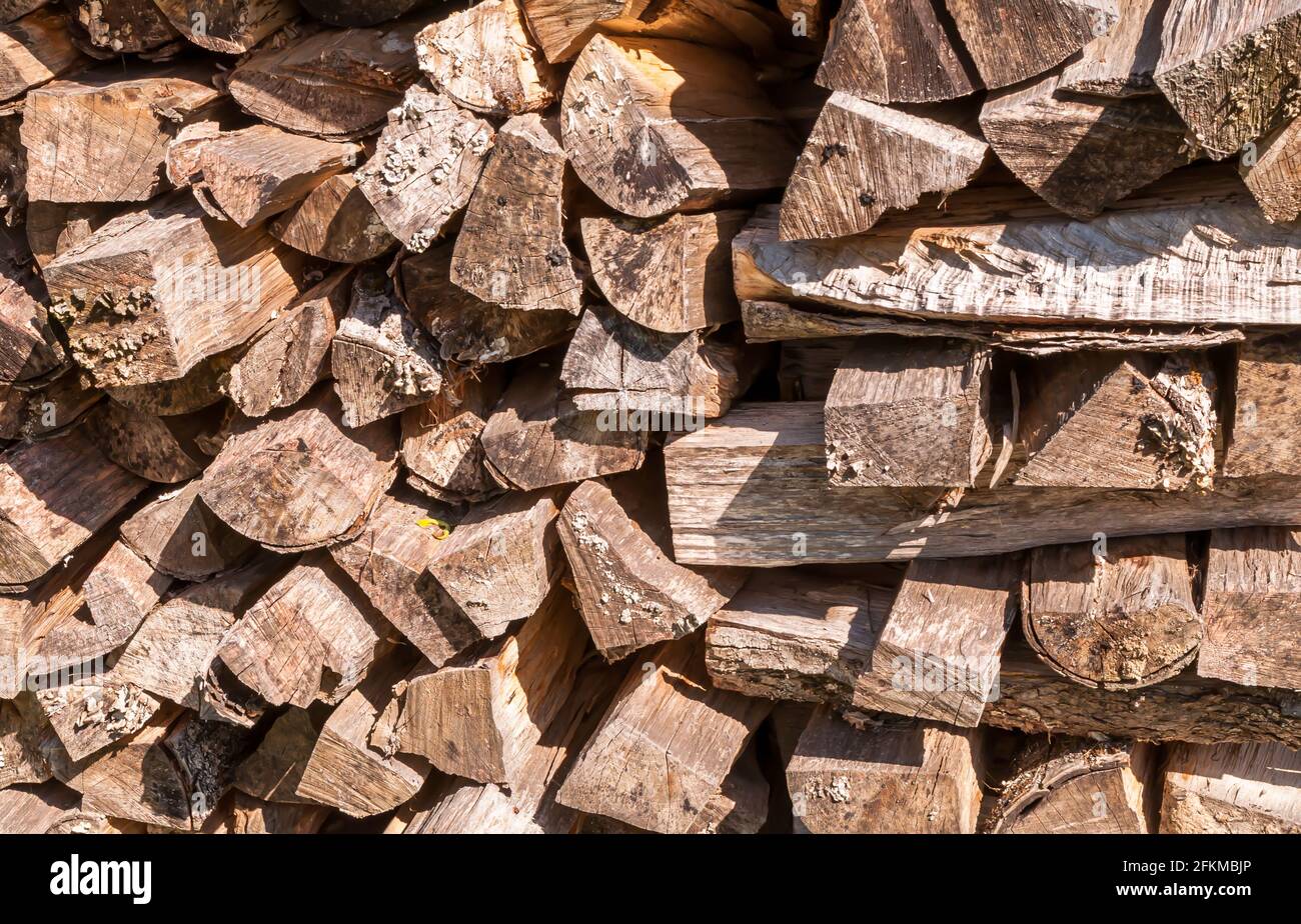 Tagliare e impilare tronchi di legno invecchiato da utilizzare per il riscaldamento nella contea di Warren, Pennsylvania, Stati Uniti Foto Stock