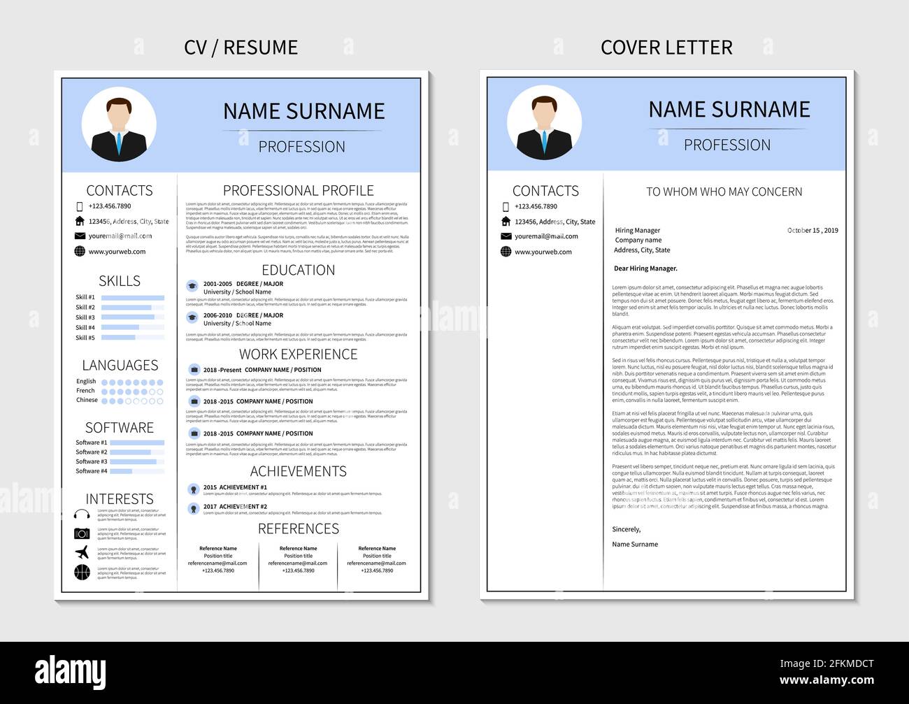 Riprendi modello per gli uomini. Moderna disposizione CV e lettera di copertina con infografica. Curriculum vitae design minimalista. Illustrazione del vettore di impiego. Illustrazione Vettoriale