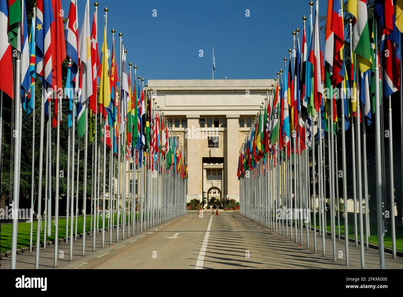 Nazioni Unite, ONU, ONU, Bandiera, Palais des Nations, Ginevra, Cantone di Ginevra, Svizzera Foto Stock