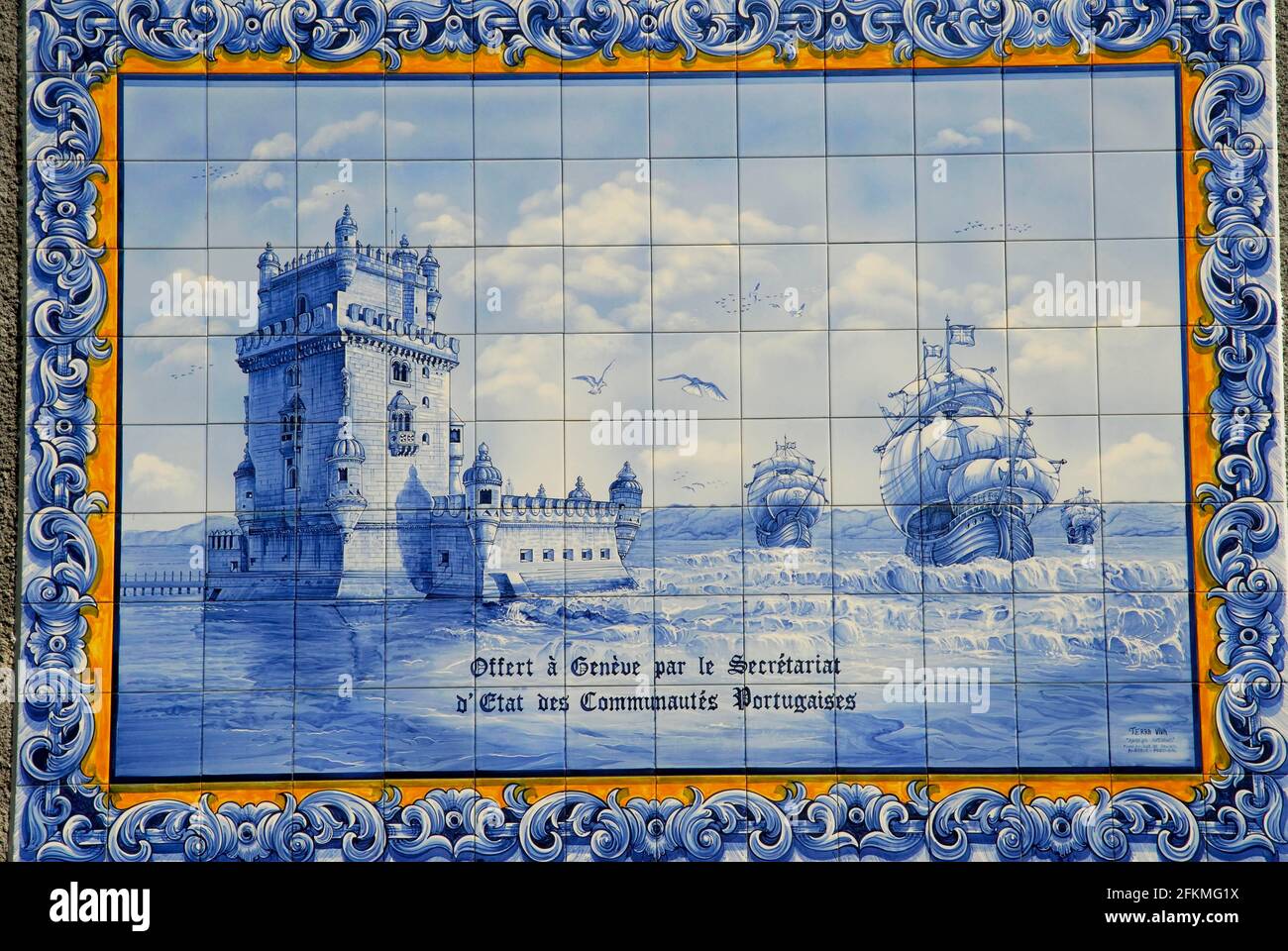 Azulejo con rappresentazione della Torre de Belem, piastrelle dipinte, Parco Ariana, Ginevra, Cantone di Ginevra, Svizzera Foto Stock
