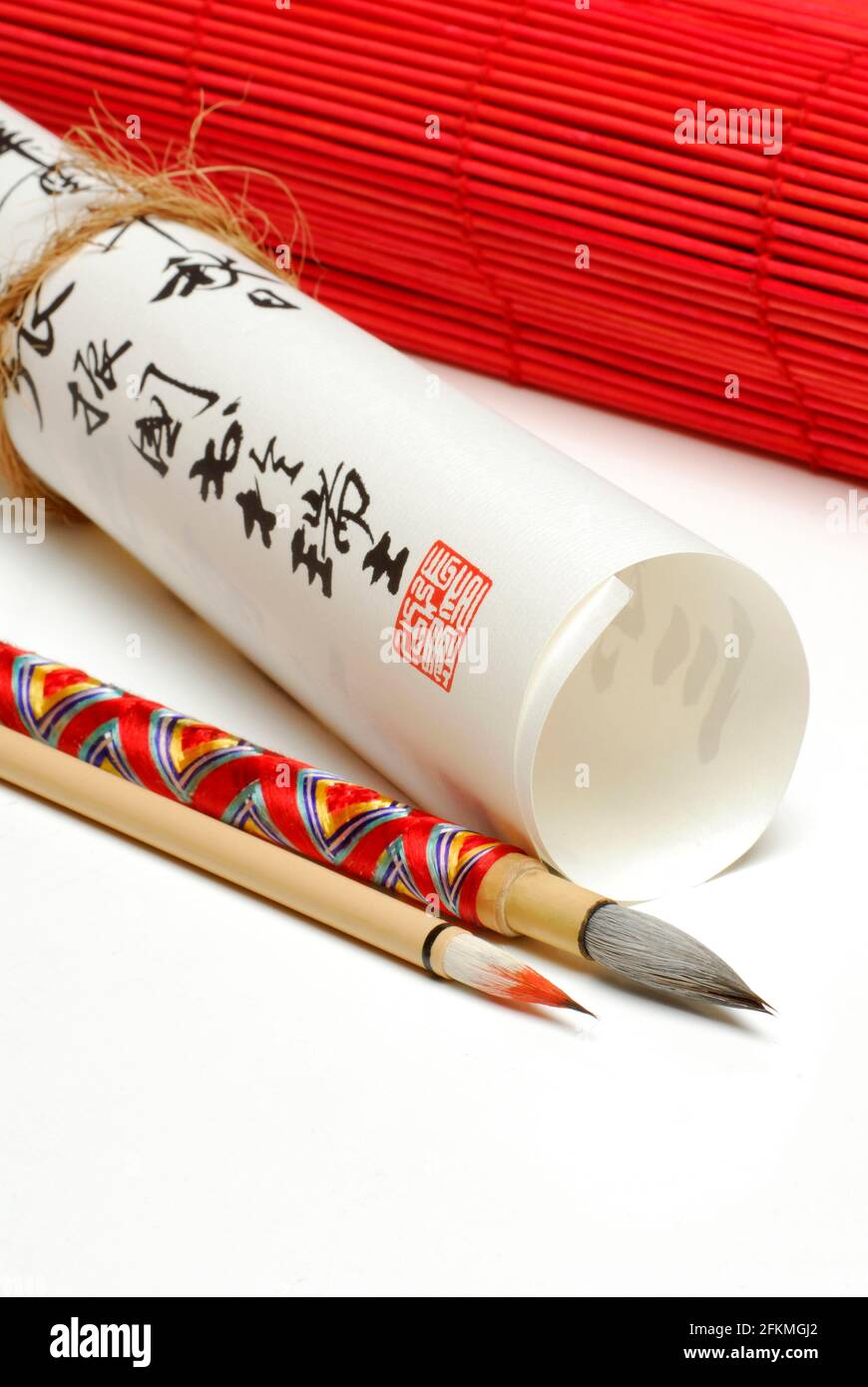Pennello e calligrafia, inchiostro pennello, caratteri cinesi Foto Stock