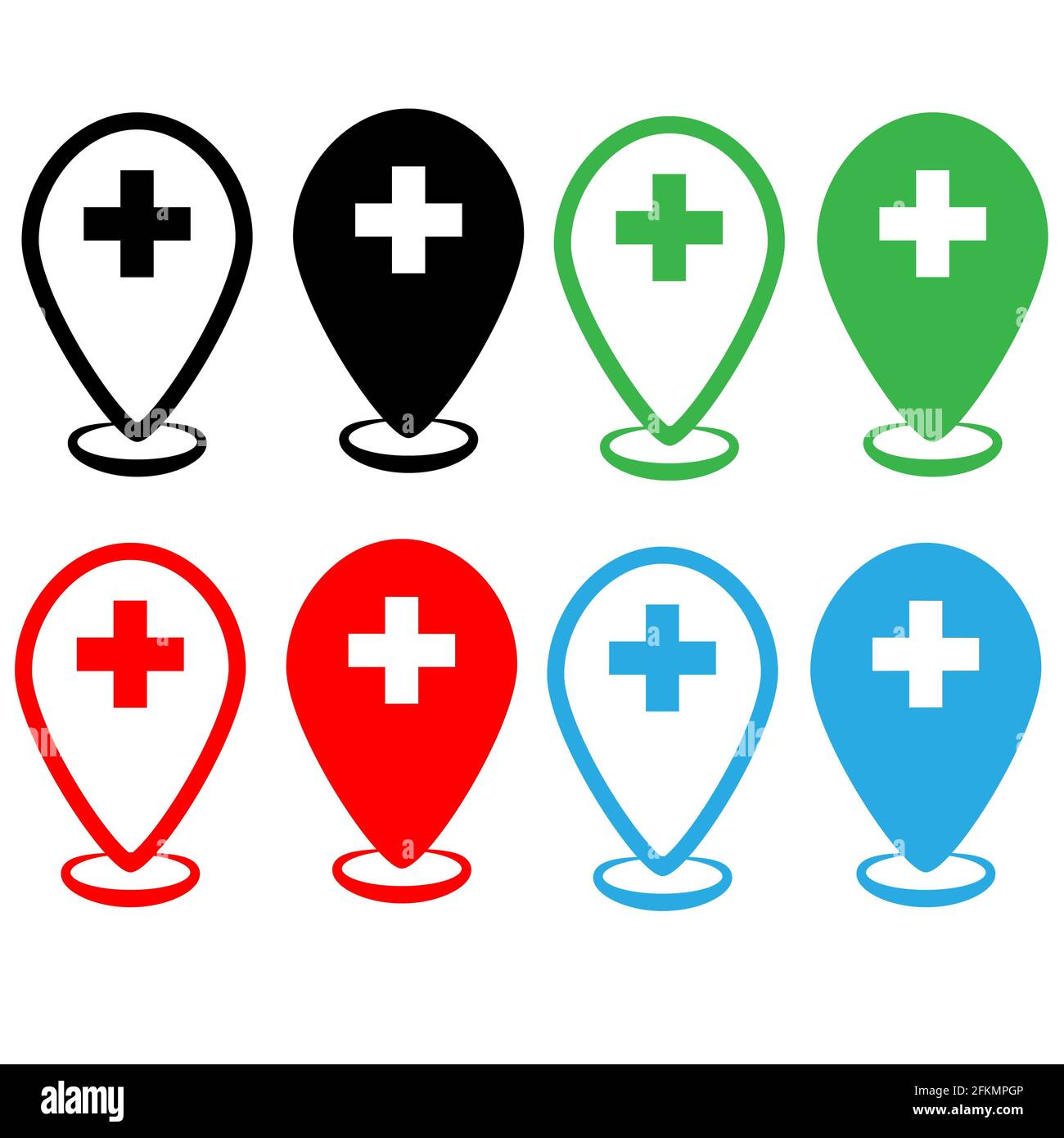 icona del marcatore della mappa medica su sfondo bianco. segnaposto della posizione dell'ospedale. marcatore della mappa con simbolo di croce medica. stile piatto. Foto Stock