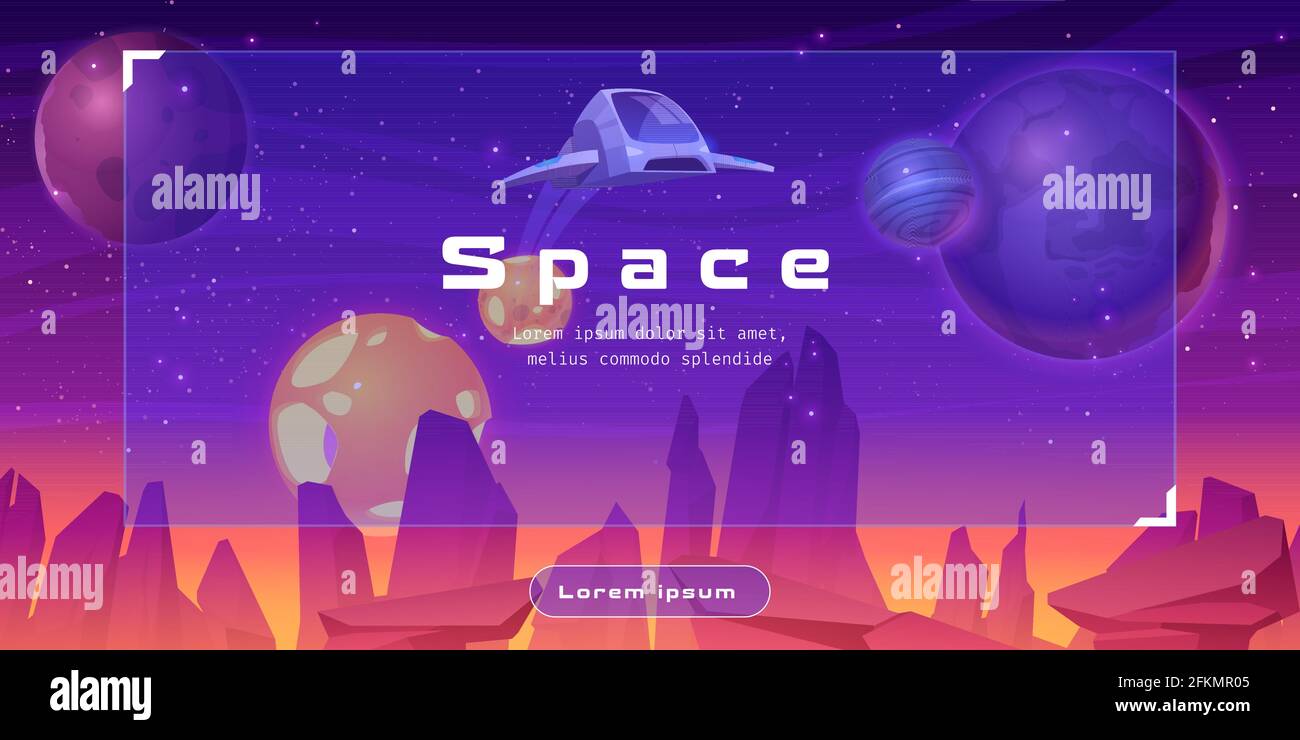 Shuttle in cartoni animati spazio web banner con astronave volare sulla superficie aliena pianeta con rocce. Viaggia nell'universo, galassia Esplora la tecnologia futuristica, l'avventura interstellare cosmica illustrazione di Vector Illustrazione Vettoriale