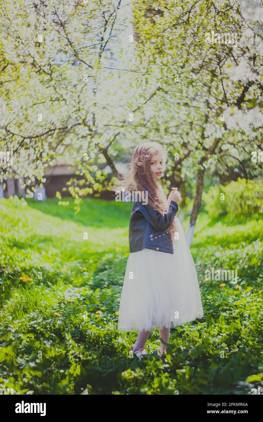 Bambina in giacca nera che sniffing una margherita in giardino di ciliegio primaverile Foto Stock