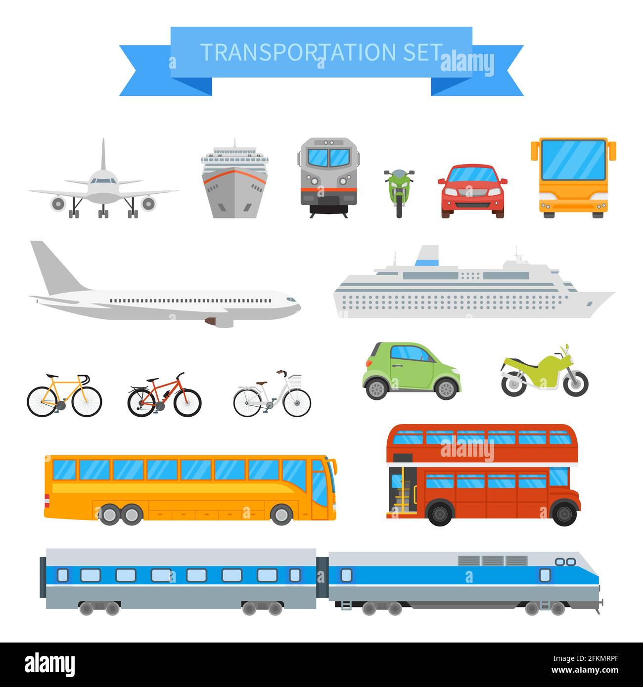 Set vettoriale di diversi veicoli di trasporto isolati su sfondo bianco. Icone dei trasporti urbani in stile piatto. Illustrazione Vettoriale