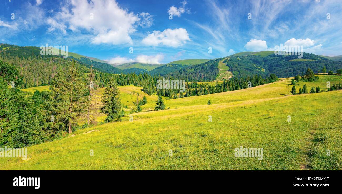 campagna paesaggio estivo. prati, pascoli e boschi sulle colline. paesaggio montagnoso in una giornata estiva luminosa. splendido paesaggio nuvoloso sopra il rid Foto Stock