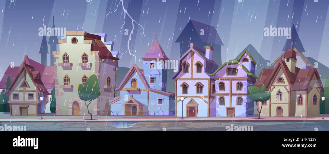 Strada notturna medievale tedesca con tempo piovoso. Case tradizionali a graticcio sotto pioggia e fulmine. Edifici europei nella città vecchia. Fachwerk cottage paesaggio urbano, Cartoon vettore illustrazione Illustrazione Vettoriale