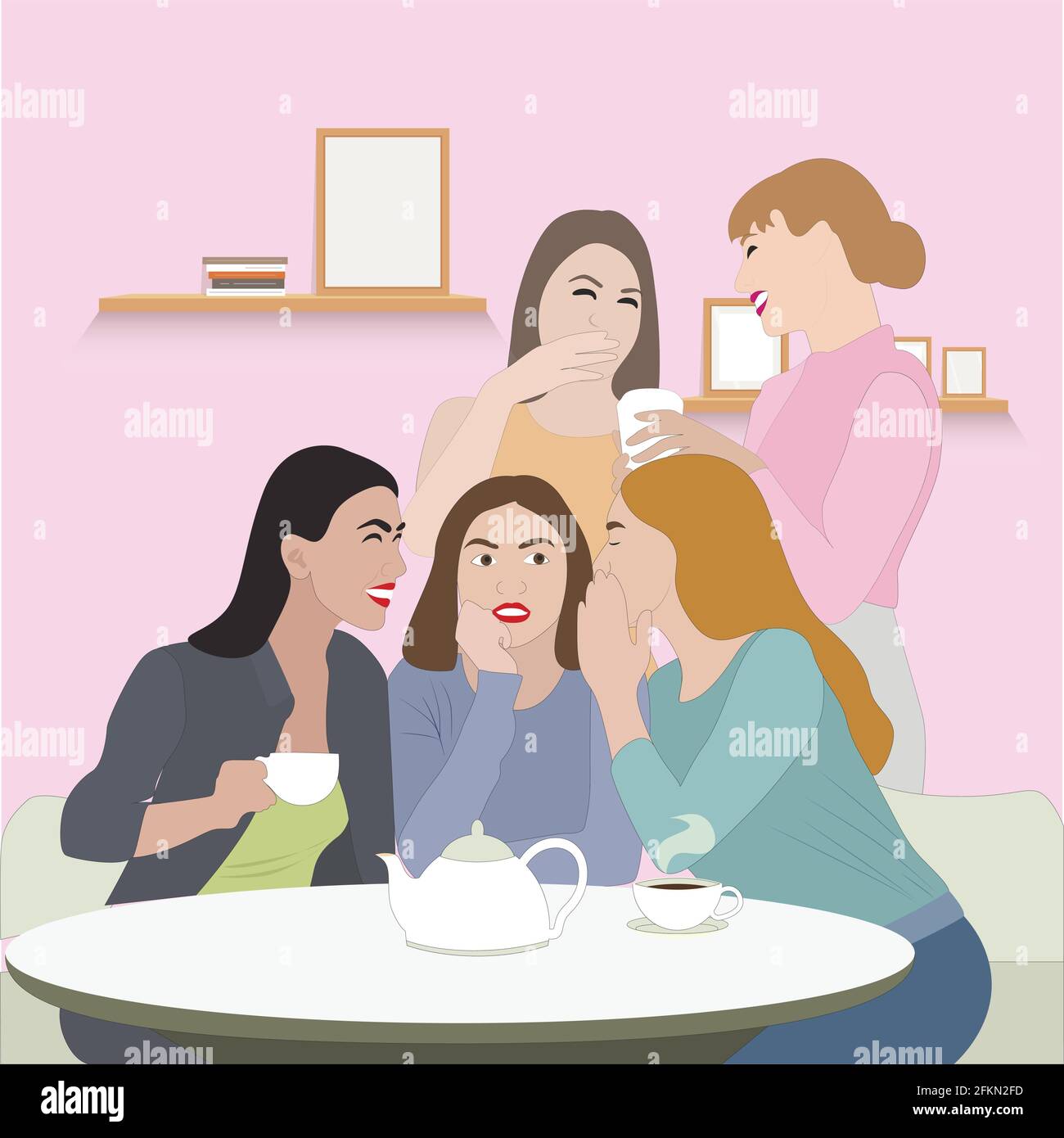 Giovani donne amici gossip, concetto di amicizia femminile e incontro. Amici vettoriali in caffè e caffè pranzo, drink e chat meeting, le ragazze si ammalano Illustrazione Vettoriale