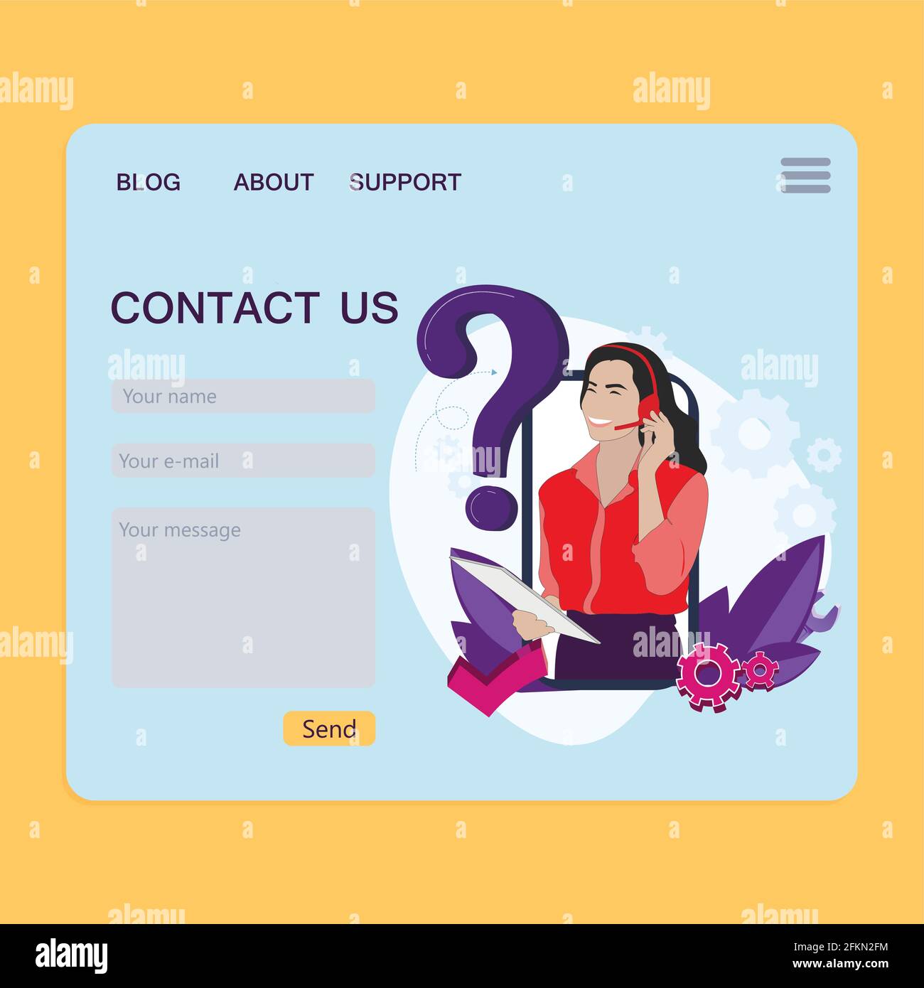 Pagina di contatto per feedback, pagina del sito Web, interfaccia per le richieste di rimborso dei clienti, modulo di supporto per la comunicazione, chiamata di assistenza, e-mail e messaggio. Illustrazione vettoriale Illustrazione Vettoriale