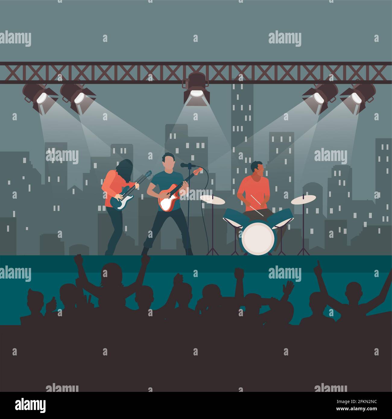 Rock Concert Festival, popolare band sul palco, appassionati di cartoni animati e spettatori ascoltare musica, spettacolo di intrattenimento e tour del mondo. Vector Rock and roll, pu Illustrazione Vettoriale