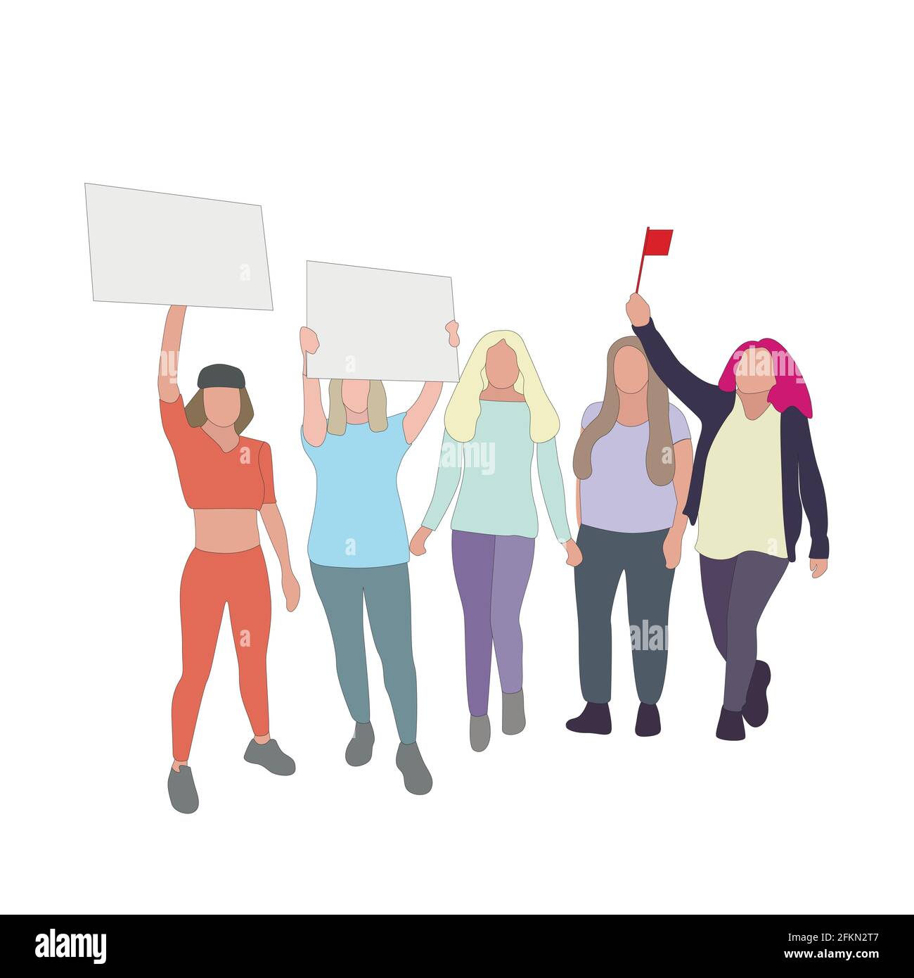 Diritti di voto delle donne, attivismo politico, parata femminista pubblica. Manifestazione intersezionale del femminismo, democrazia azione delle donne contro la misoginia, pubblico Illustrazione Vettoriale