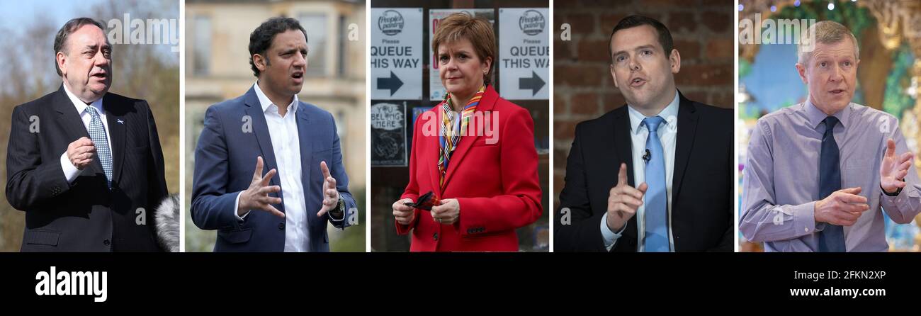 (Da sinistra a destra)Foto di file del leader DI ALBA Alex Salmond, del leader laburista scozzese Anas Sarwar, del primo ministro e del leader del Partito nazionale scozzese Nicola Sturgeon, del leader conservatore scozzese Douglas Ross e del leader liberaldemocratico scozzese Willie Rennie. Giovedì si svolgono le elezioni parlamentari scozzesi, concluse lo scorso anno a causa della pandemia del coronavirus. Data di emissione: Lunedì 3 maggio 2021. Foto Stock