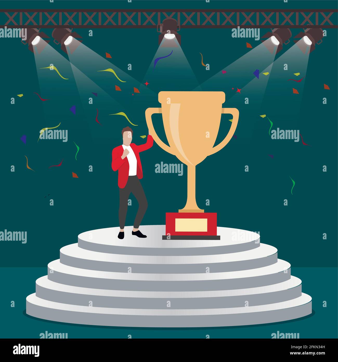 Uomo di successo con coppa d'oro sul palco. Coppa del vincitore, fase di vittoria, celebrazione di successo, campionato in azienda ottenendo premio e trofeo, cha Illustrazione Vettoriale