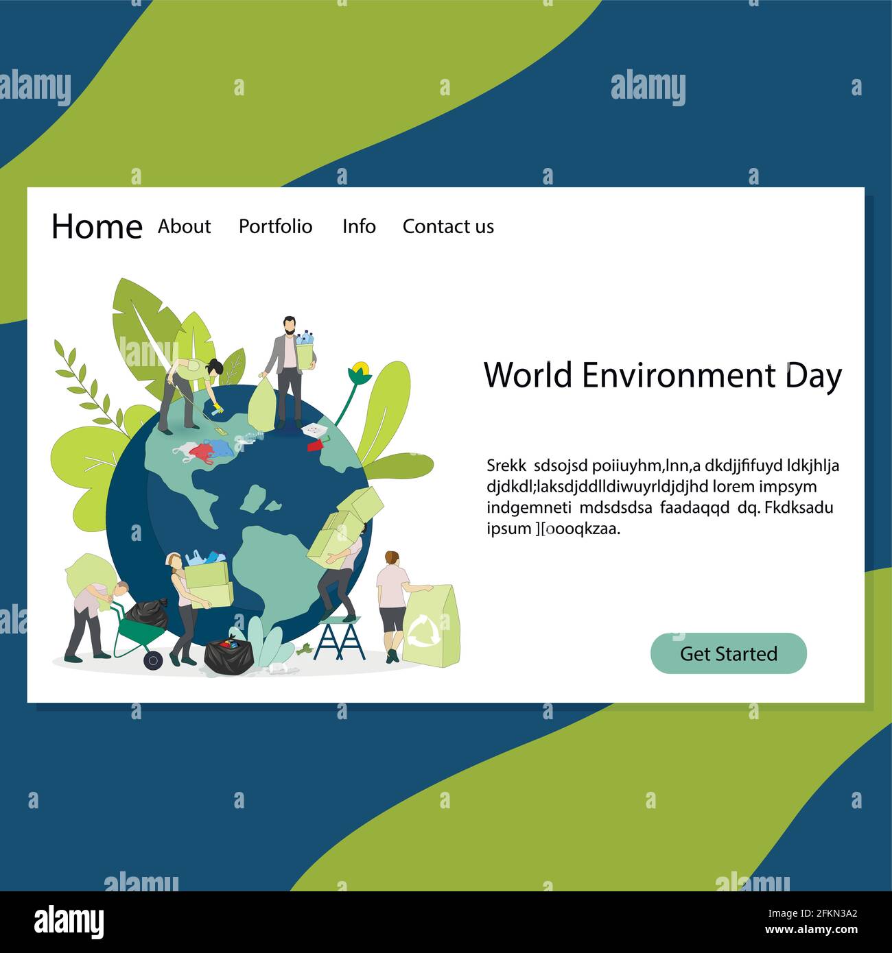 Pagina di destinazione del giorno dell'ambiente del mondo, tema del giorno dell'ambiente 2021. Poster del giorno dell'ambiente vettoriale. Pianeta internazionale protetto eco-friendly, orecchio della natura Illustrazione Vettoriale