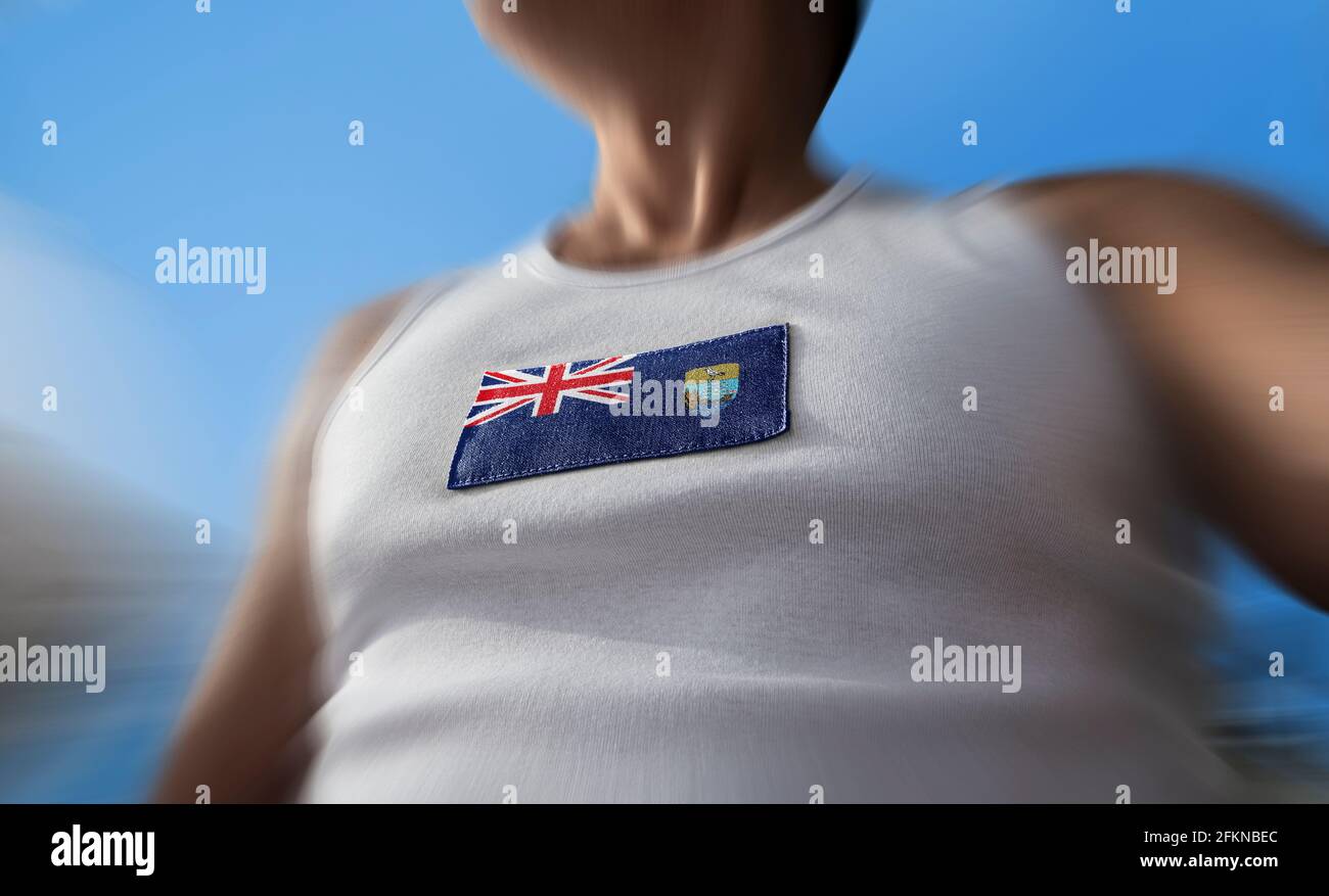 La bandiera nazionale di Sant'Elena sul petto dell'atleta Foto Stock