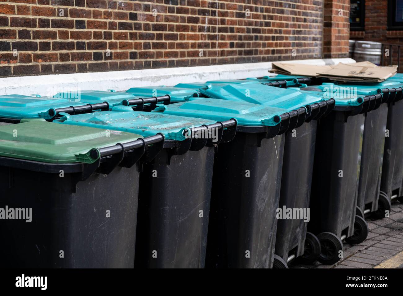 Epsom Surrey London UK, maggio 02 2021, UNA fila o una linea di contenitori Wheely di stoccaggio dei rifiuti senza persone Foto Stock