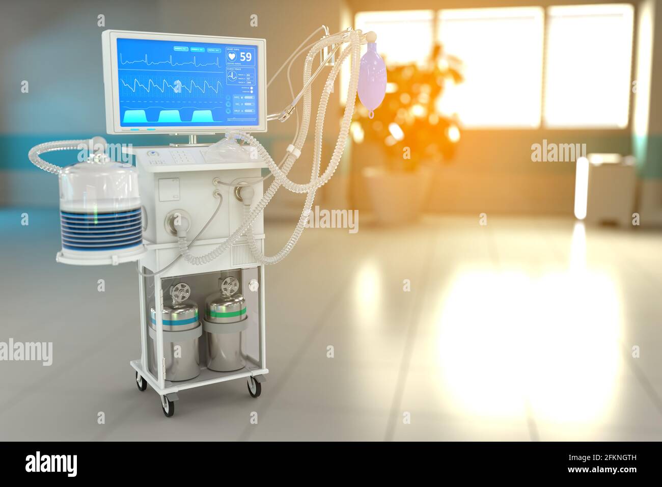 Illustrazione 3D medica, ventilatore polmonare artificiale per terapia  intensiva con disegno fittizio in clinica terapeutica con focus selettivo -  concetto di lotta covid-19 Foto stock - Alamy