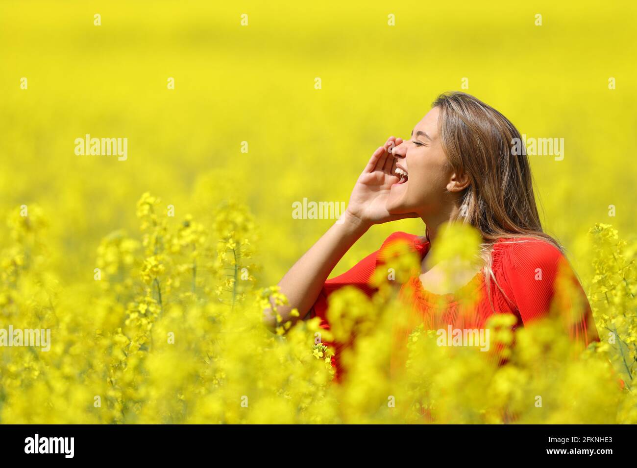 Donna felice gridando con la mano sulla bocca in un giallo campo nella stagione primaverile Foto Stock