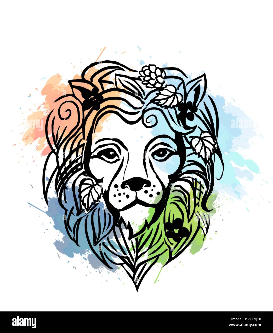 Logo grafico Lion con elementi floreali. Immagine raster isolata su sfondo bianco. Foto Stock