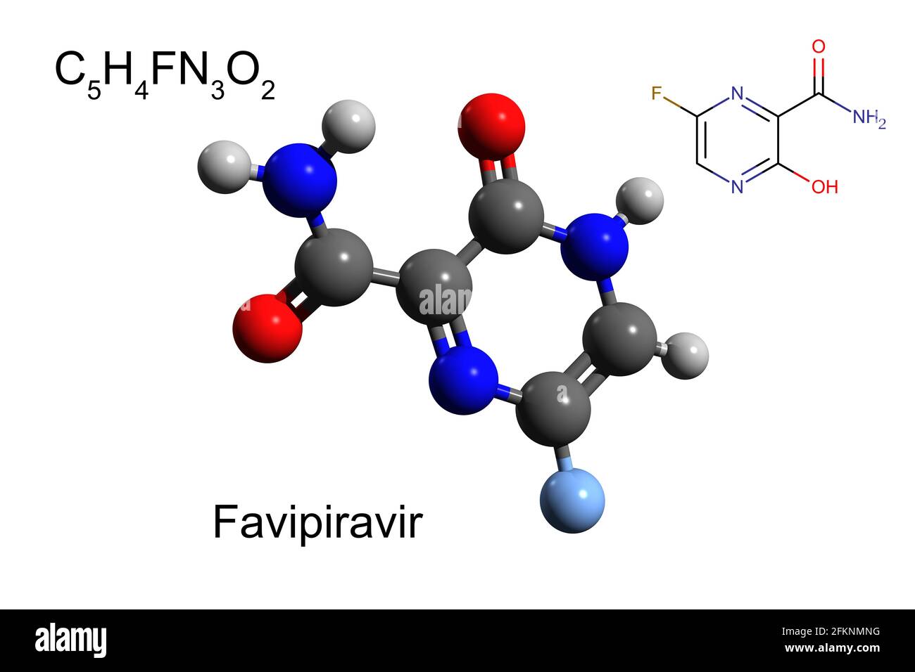 Formula chimica, formula scheletrica e modello 3D di favipiravir, un farmaco antivirale, fondo bianco Foto Stock