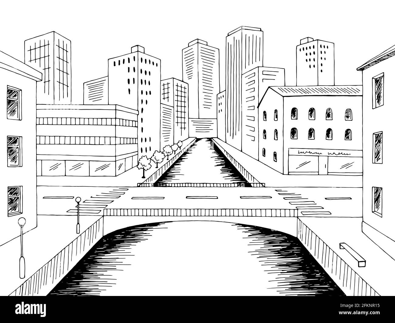 Città fiume strada ponte grafico bianco nero illustrazione vettore schizzo Illustrazione Vettoriale