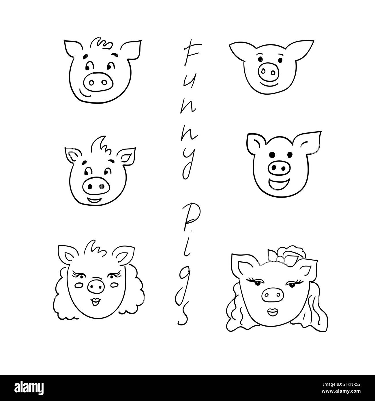 Set di simpatici maiali piccini. Bodles semplici con animali carini con sesso differenr - ragazzo o ragazza, capelli, smaile e occhi. Illustrazione vettoriale isolata Illustrazione Vettoriale