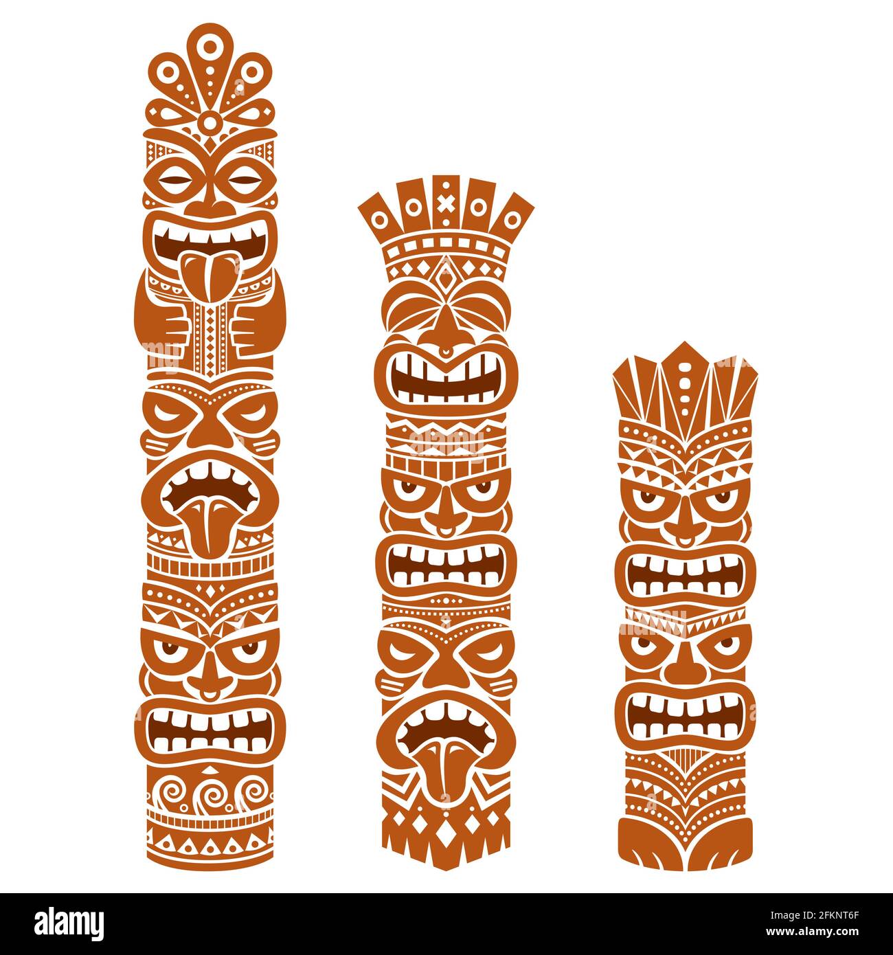 Hawaiian e Polinesia Tiki pole totem design vettoriale - sfondo marrone tribale arte popolare, due o tre teste statua Illustrazione Vettoriale