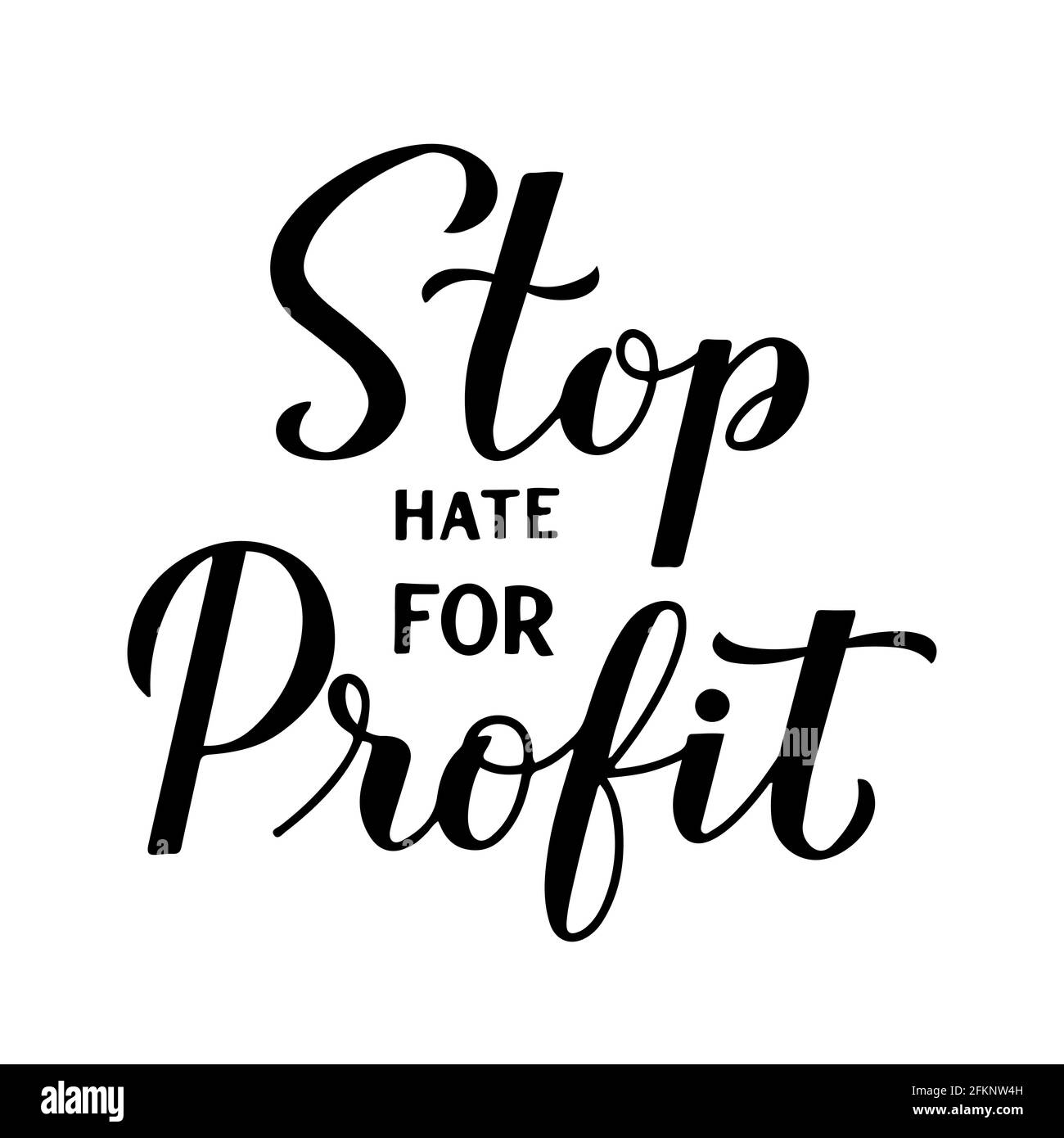 Stop odio per il profitto calligraphy lancing mano isolato su bianco. Campagna sui social media contro l'odio, il razzismo, il bigottismo e la disinformazione. TEM. Vettore Illustrazione Vettoriale