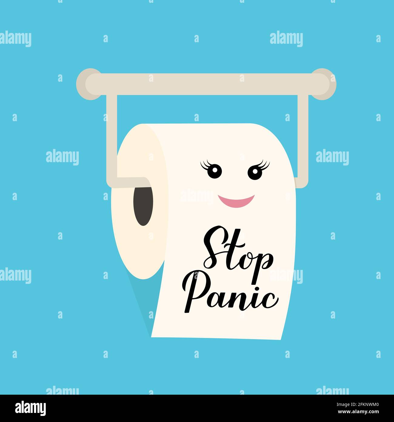 Stop calligrafia Panic mano scritta su carino cartoon carta igienica rotolo. Pandemia coronavirus COVID-19 frase di motivazione. Modello vettoriale facile da modificare Illustrazione Vettoriale