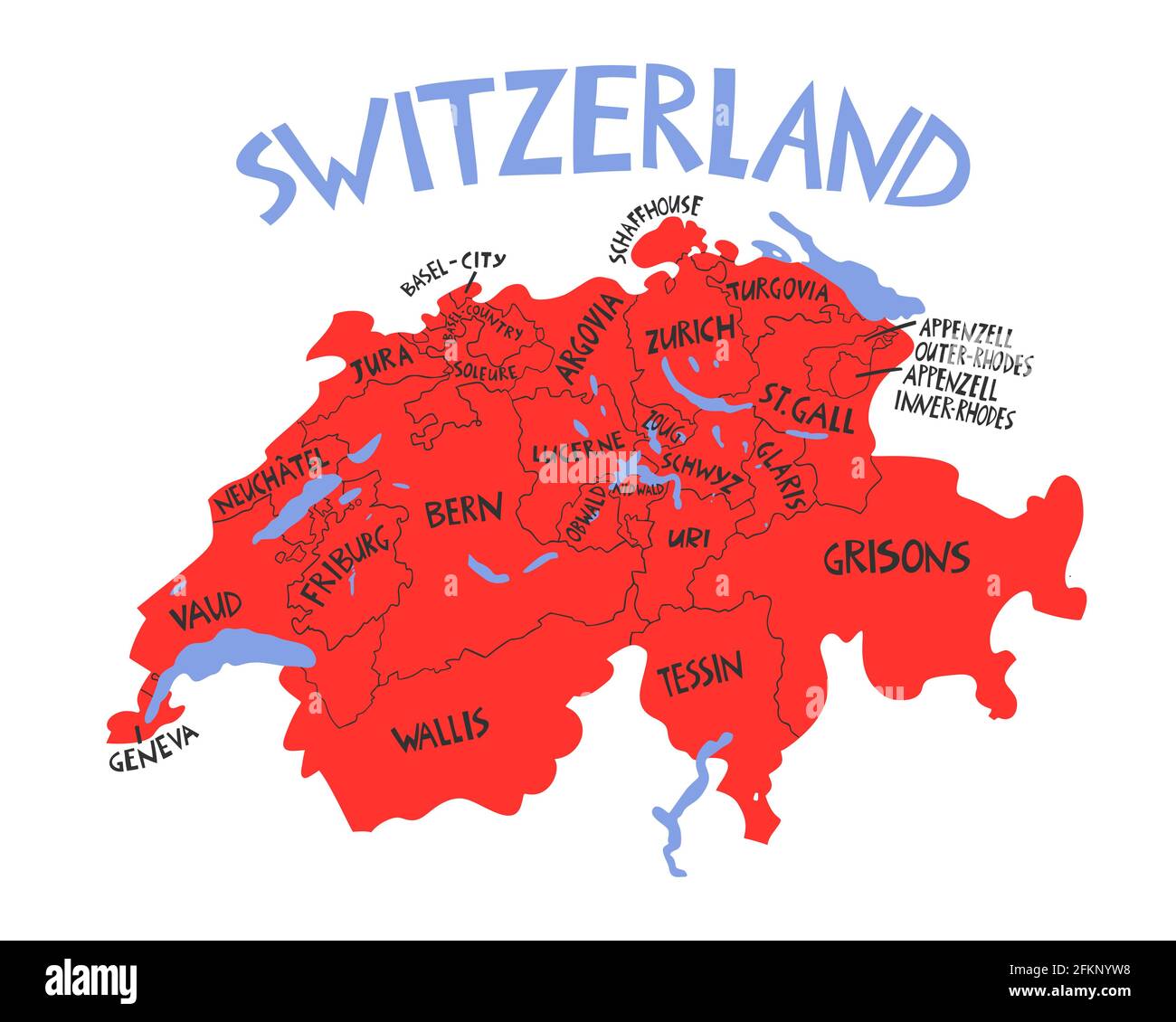 Mappa stilizzata a mano della Svizzera. Illustrazione delle regioni della Confederazione svizzera. Illustrazione scritta disegnata a mano. Cartina dell'Europa e Illustrazione Vettoriale