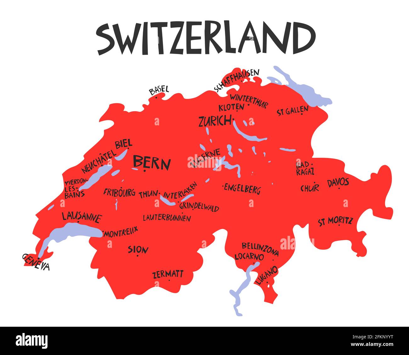 Mappa stilizzata a mano della Svizzera. Illustrazione delle città della Confederazione svizzera. Illustrazione scritta disegnata a mano. Cartina dell'Europa el Illustrazione Vettoriale
