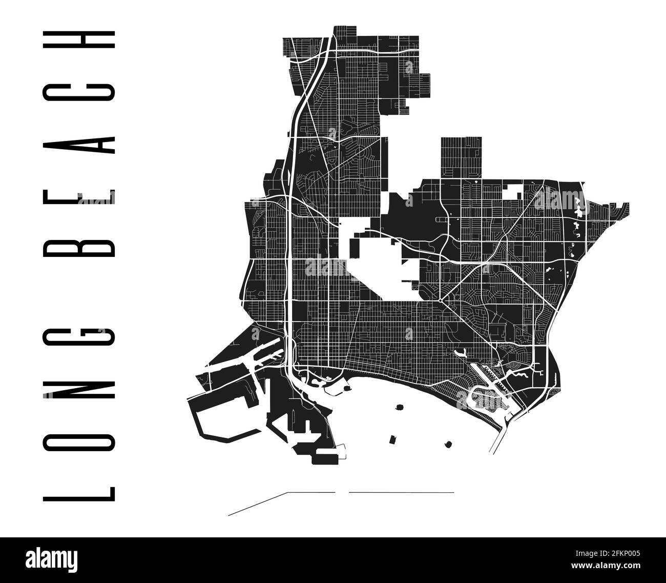 Mappa di Long Beach. Mappa vettoriale dettagliata dell'area amministrativa della città di Long Beach. Poster del paesaggio urbano vista aria metropolitana. Terra nera con strade bianche, ro Illustrazione Vettoriale