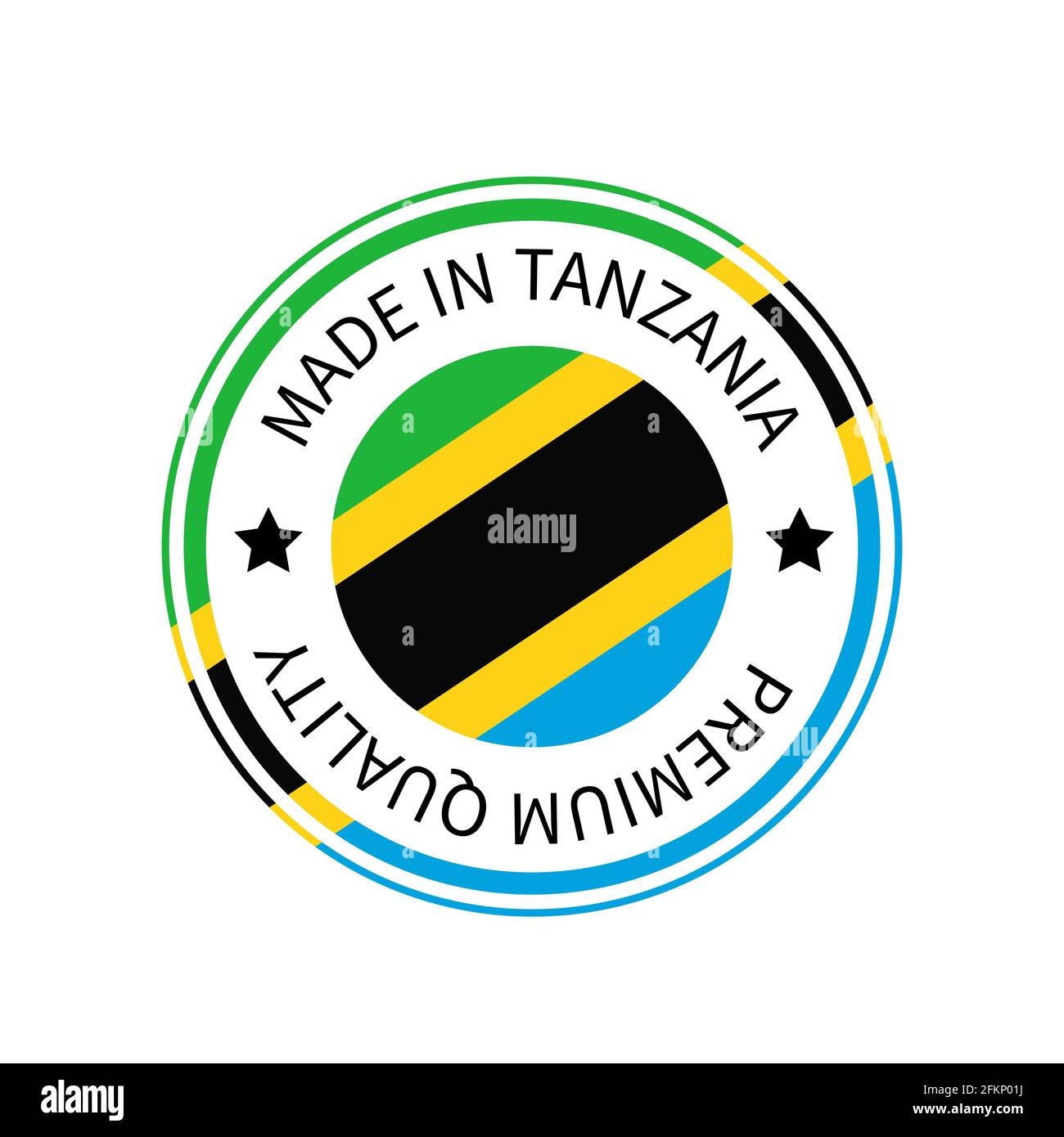 Prodotto in Tanzania etichetta rotonda. Icona del vettore del contrassegno di qualità isolata in bianco. Perfetto per il design di logo, tag, badge, adesivi, emblema, confezione del prodotto, et Illustrazione Vettoriale