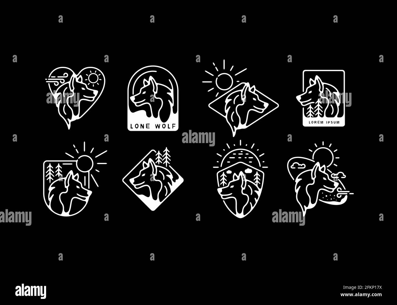 Illustrazione grafica di linea nera bianca del design della collezione di badge di lupo Illustrazione Vettoriale