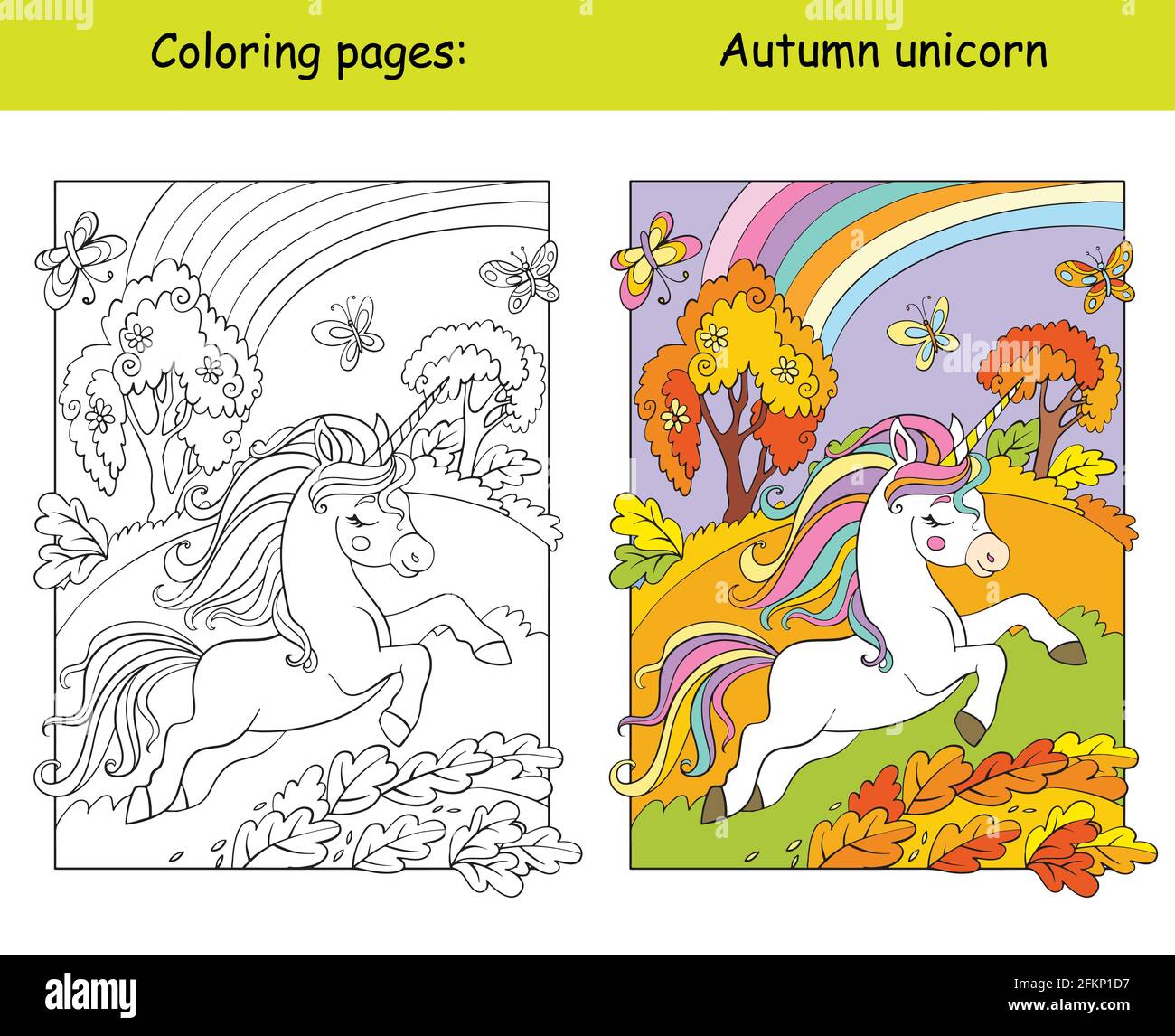 Carino unicorn corsa nella foresta di autunno. Pagina del libro da colorare per i bambini con modello colorato. Illustrazione isolata di cartoni animati vettoriali. Per colorazione Illustrazione Vettoriale