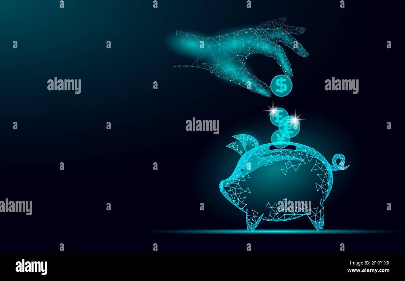 Pagamento online tramite Piggy Bank. Money box Pig informazioni dollaro euro moneta di scambio tecnologia. Vettore elettronico di pagamento Internet astratto blu Illustrazione Vettoriale