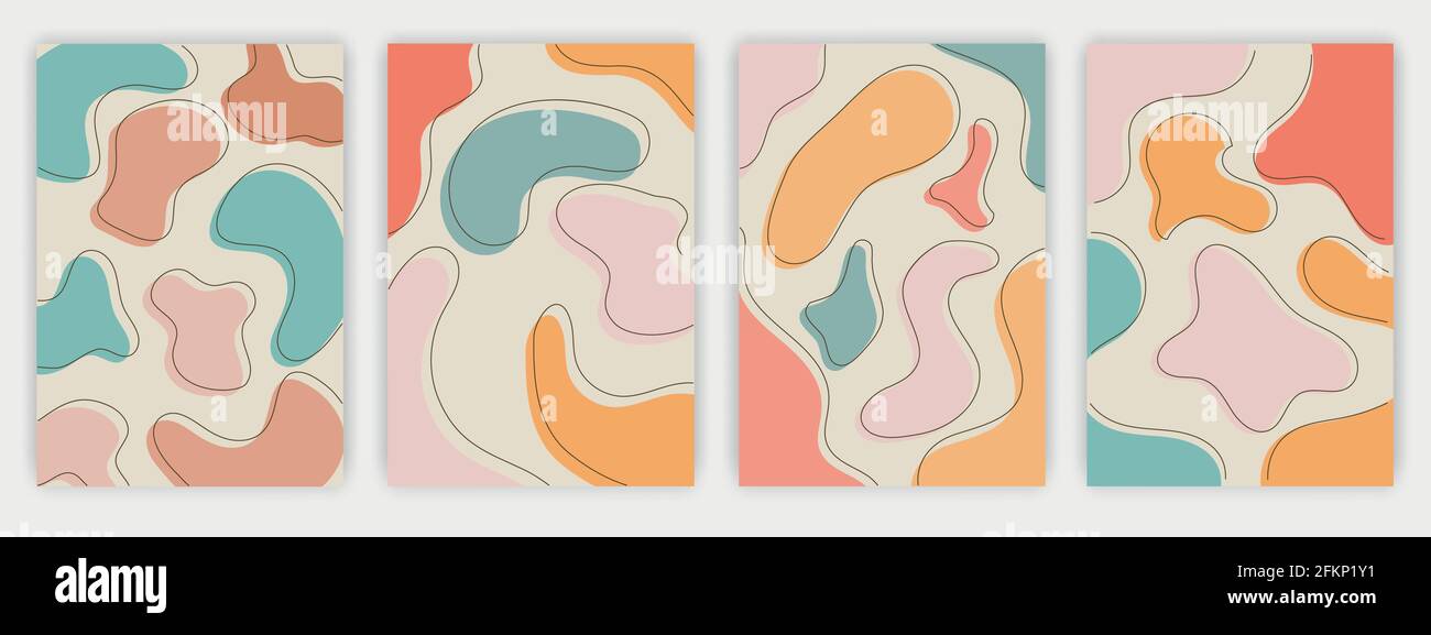 Set of art Cover colorati dei social media astratti, fiori, foglie autunnali e poster delle piante in colori pastello. Illustrazione Vettoriale