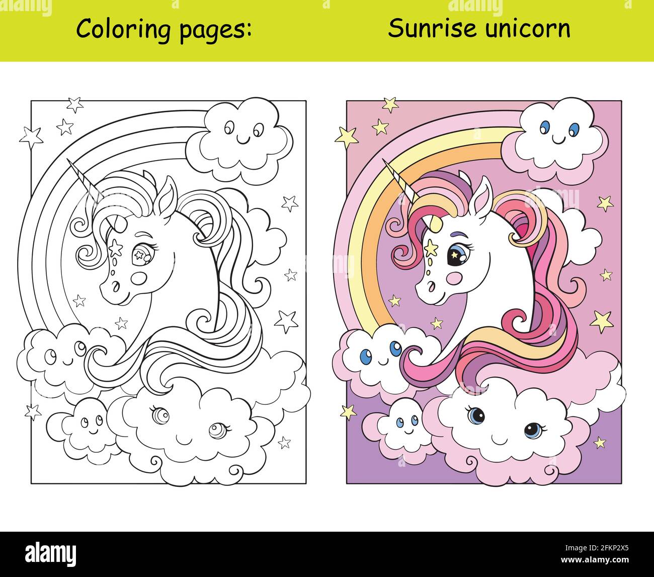Testa unicorno di bellezza con arcobaleno e nuvole. Pagina del libro da colorare per i bambini con modello colorato. Illustrazione isolata di cartoni animati vettoriali. Per colorina Illustrazione Vettoriale