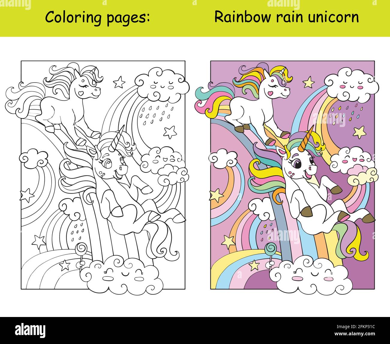 Simpatici unicorni cavalcano l'arcobaleno. Pagina del libro da colorare per i bambini con modello colorato. Illustrazione isolata di cartoni animati vettoriali. Per colorazione Illustrazione Vettoriale