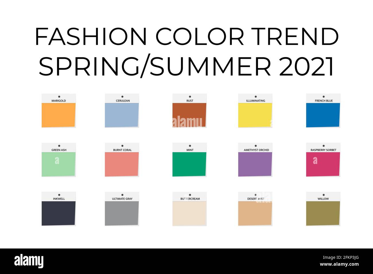 Moda colore tendenza Primavera Estate 2021. Guida alla tavolozza dei colori  alla moda. Pennellate i tratti di colore con i nomi dei campioni. Modello  vettoriale facile da modificare Immagine e Vettoriale - Alamy