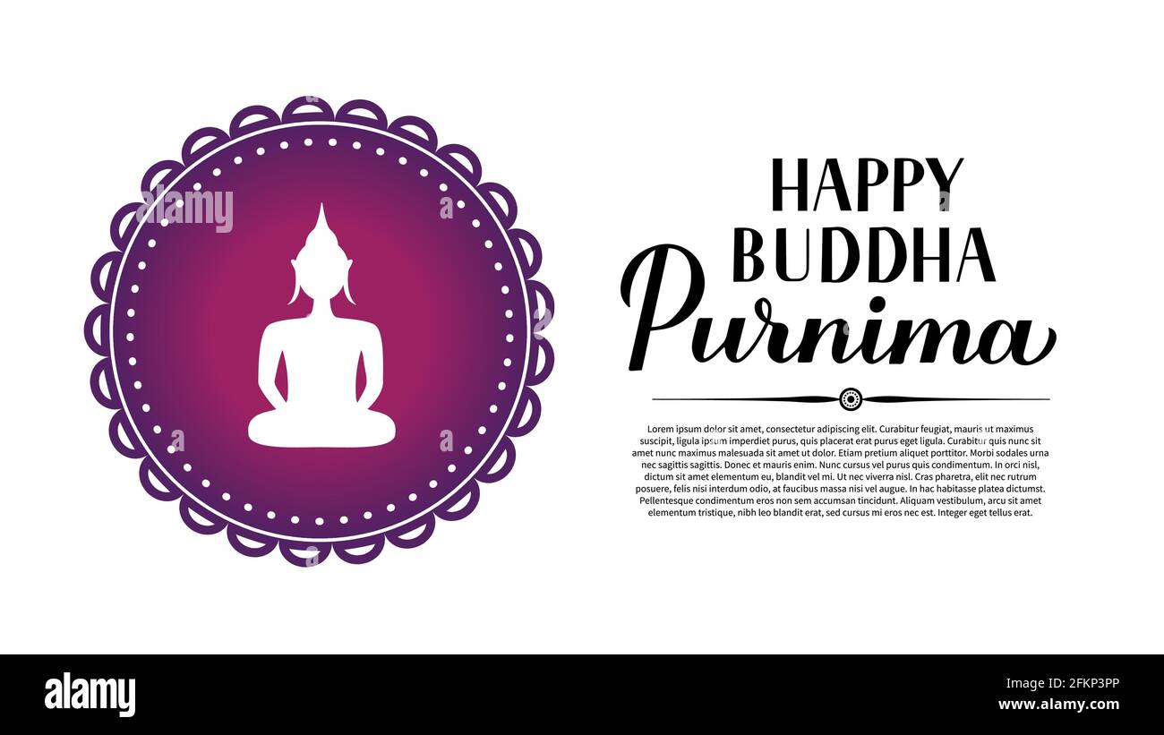 Buddha felice Purnima calligrafia mano scritta e silhouette di Buddha. Manifesto della tipografia del Vesak di festa buddista. Modello vettoriale per biglietto d'auguri, Illustrazione Vettoriale