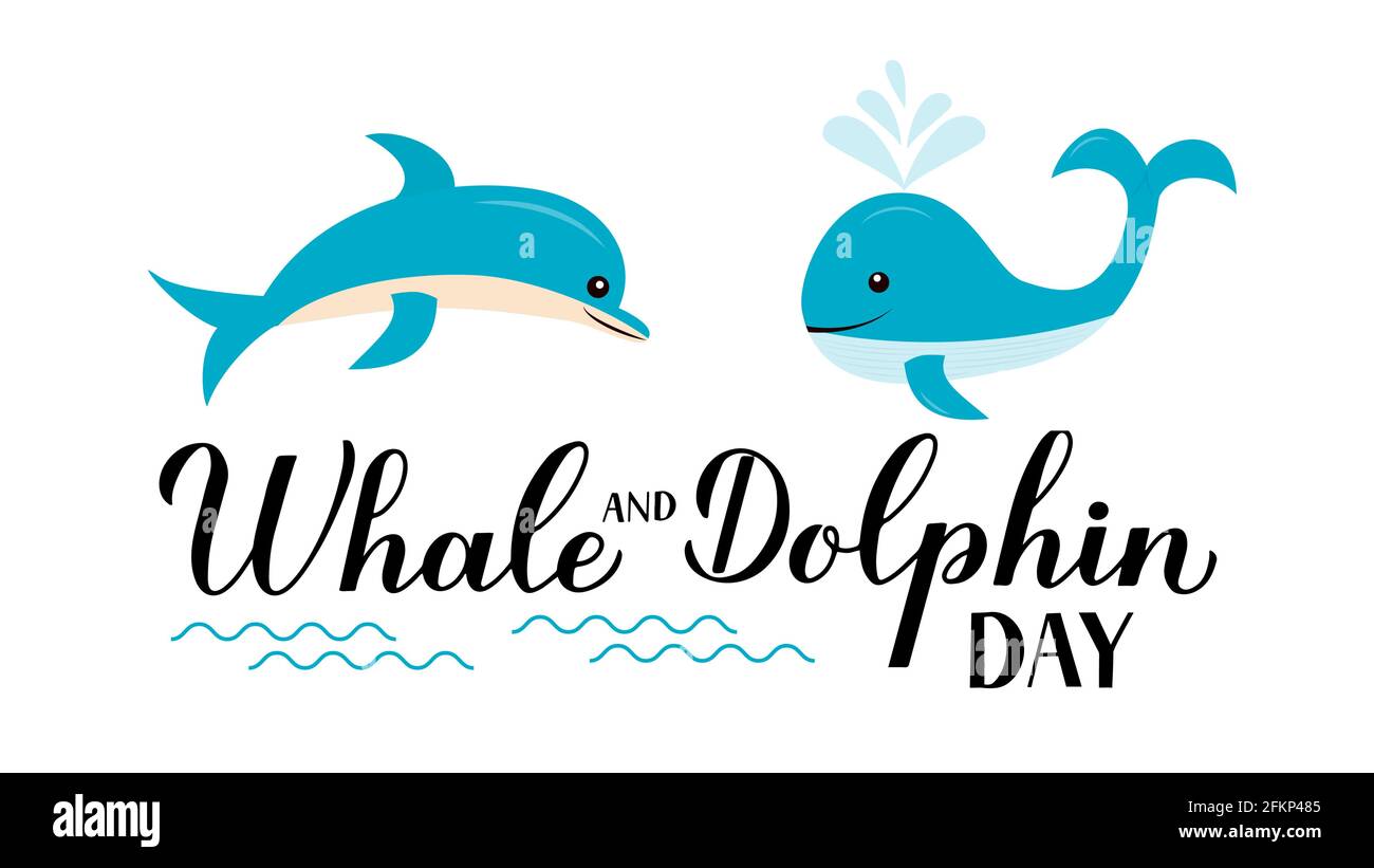 World Whale e Dolphin Day calligrafia mano con carini cartoon animali oceanici. Poster tipografico per la conservazione dell'ambiente. Modello vettore per Illustrazione Vettoriale