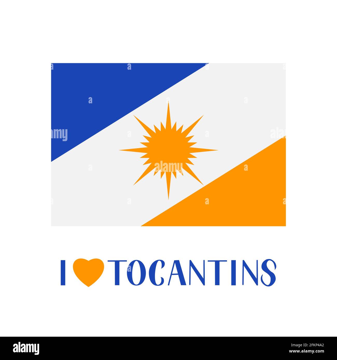 Bandiera di Tocantins stato del Brasile e scritte con cuore isolato di bianco. Modello vettoriale facile da modificare per banner, poster tipografico, logo design, Illustrazione Vettoriale