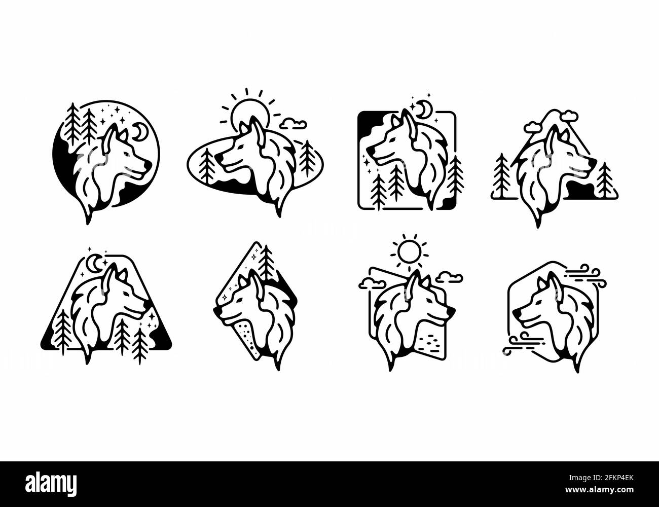 Illustrazione grafica a linee nere del design del set di badge Wolf Illustrazione Vettoriale